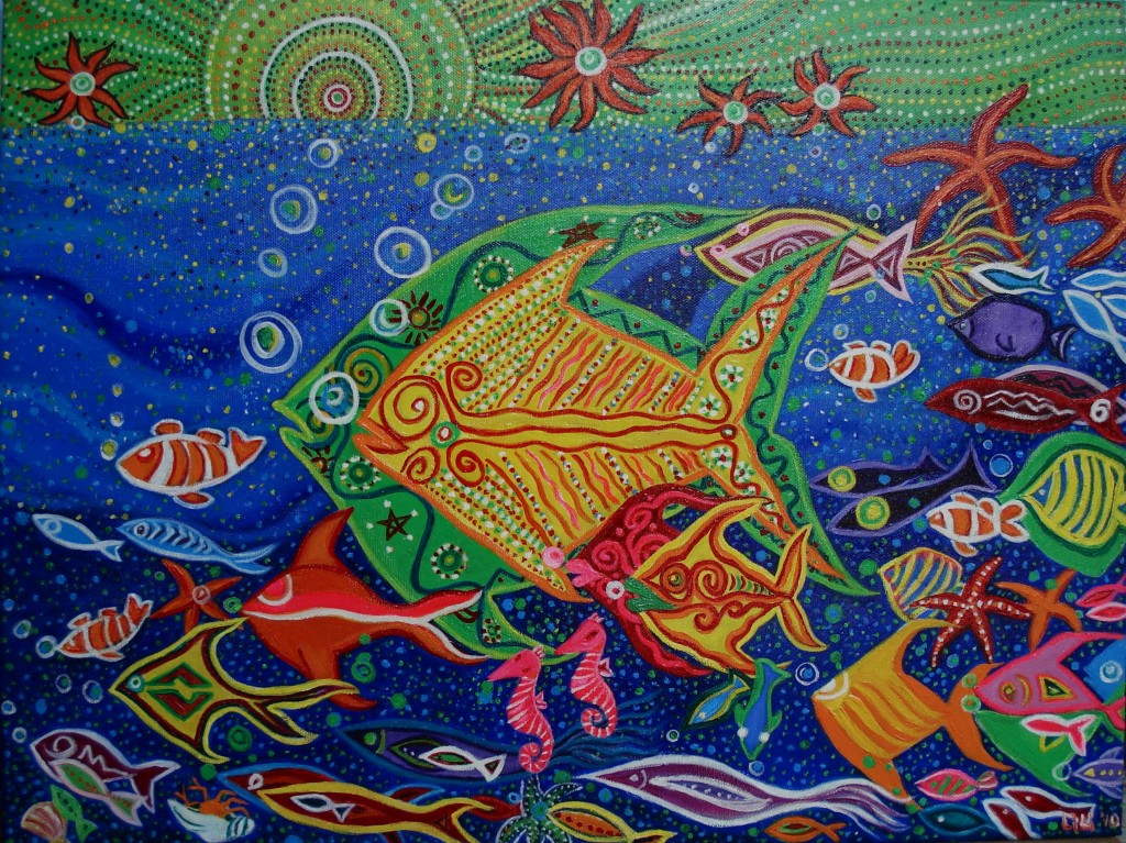 Colourful fishes swimming in the sea - acrylic painting Singapore artist Li Li Tan