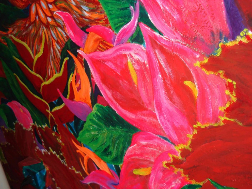 Glorious red, pink and orange flower paintings on wall by Li Li Tan, artist