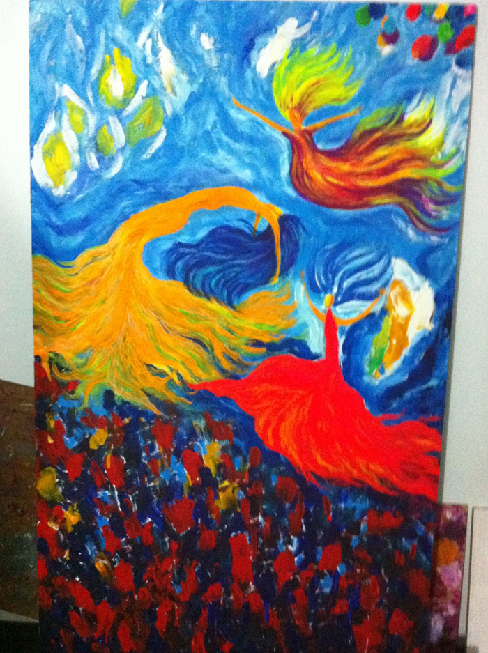 Freedom - painting in progress by artist Li Li Tan from Singapore (based in Chiang Mai)